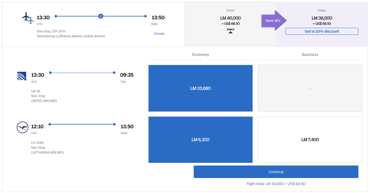 LifeMiles award ticket from SFO-WAW via FRA on United and Lufthansa for 40,000 miles